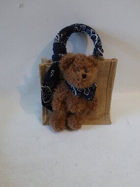 NWT Womens Regina Straw Tote Mini Tote Bag W/Teddy Bear Navy Blue Bandana